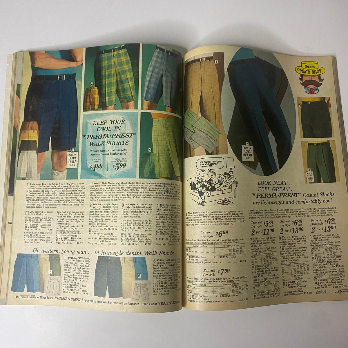 1969 Sears Roebuck and Co. Summer Catalog displaying a variety of 'Perma-Prest' walk shorts for men, highlighting summer fashion trends.