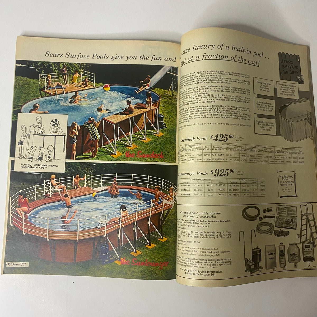 1969 Sears Roebuck and Co. Summer Catalog featuring above-ground pools with images and pricing, highlighting summer fun and family gatherings.
