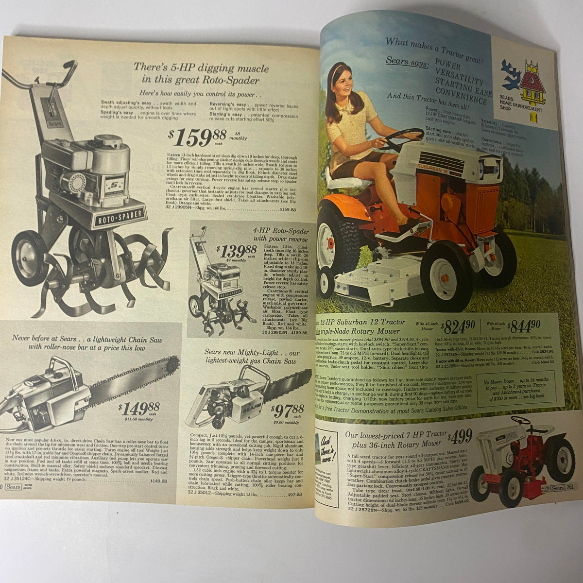 1969 Sears Roebuck and Co. Summer Catalog displaying outdoor gardening and farming equipment, including tractors and roto-spaders, reflecting 1960s consumer trends.