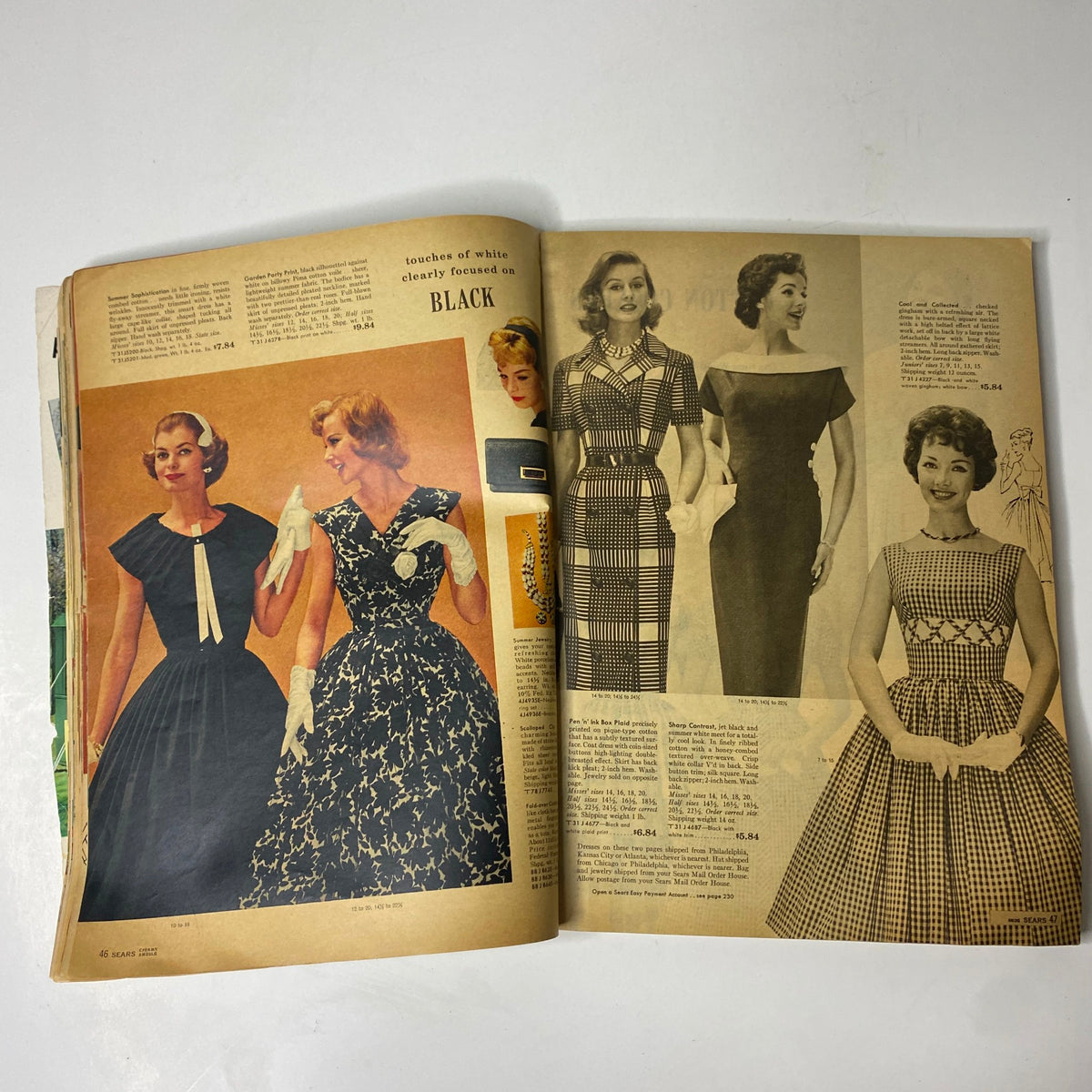 1959 Sears Roebuck and Co. Summer Sale Book Catalog featuring elegant vintage swimwear styles, including two women showcasing dresses and chic accessories.
