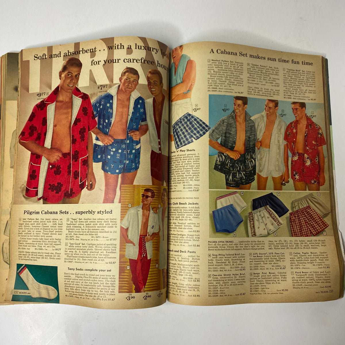 1959 Sears Roebuck and Co. Summer Sale Book Catalog displaying men's swimwear sets and beach attire, embodying summer fashion from the late 1950s.