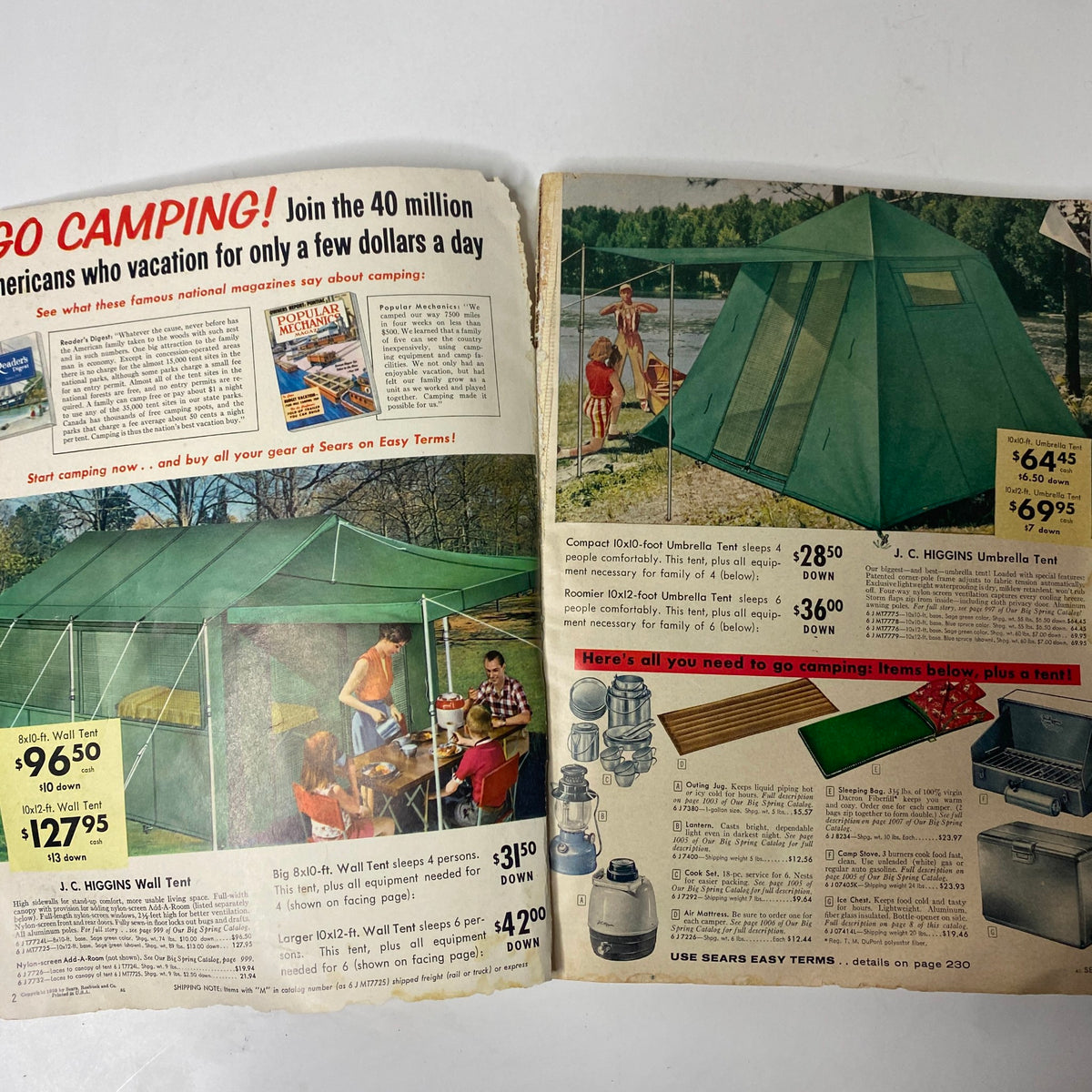 1959 Sears Roebuck and Co. Summer Sale Book Catalog promoting camping gear, including tents and equipment for summer outings.