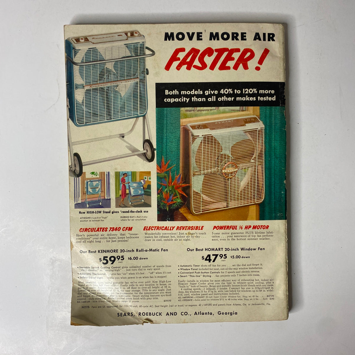 1959 Sears Roebuck and Co. Summer Sale Book Catalog advertising cooling fans with high air circulation capacity for hot summer days.