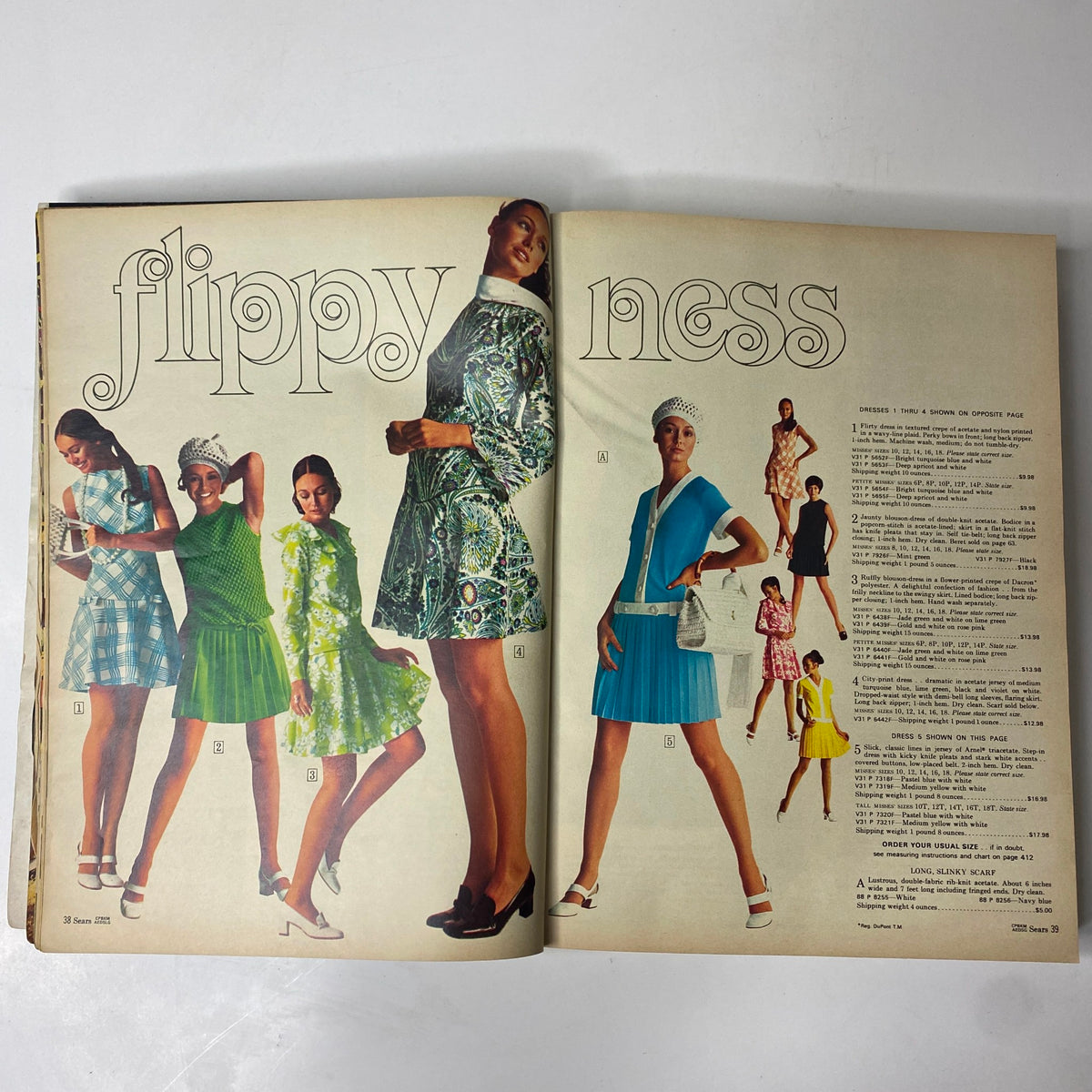Fashion pages from the 1970 Sears, Roebuck and Co. Spring and Summer Catalog featuring models in vibrant dresses, illustrating popular styles of the 1970s.