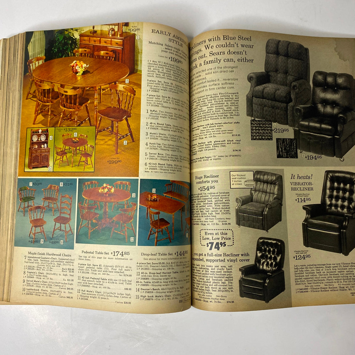 Dining and living room furniture selections illustrated in the 1970 Sears, Roebuck and Co. Spring and Summer Catalog, highlighting classic styles and prices.