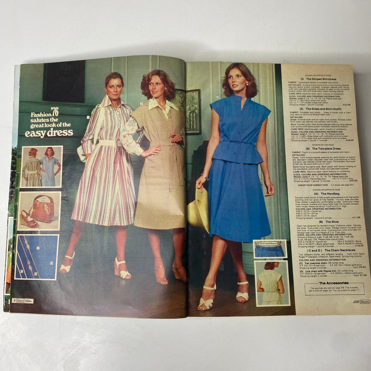 Interior pages from the 1976 Sears Spring and Summer Catalog highlighting the 'Easy Dress' collection with fashionable dresses worn by models.