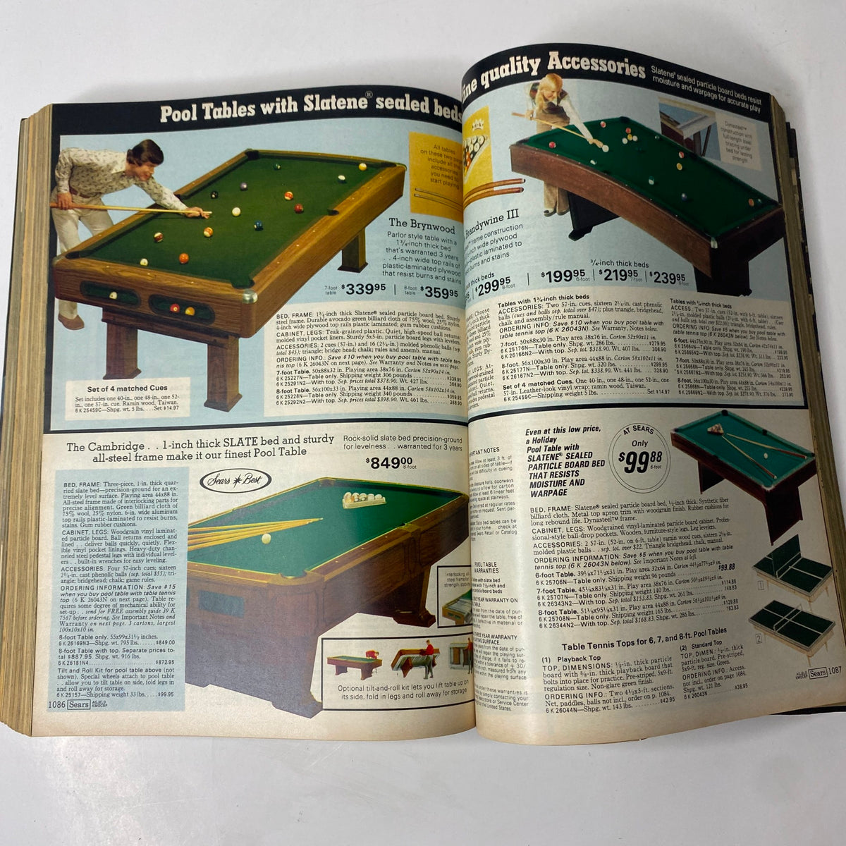 Interior pages of the 1976 Sears Spring and Summer Catalog displaying pool tables with prices and product features.