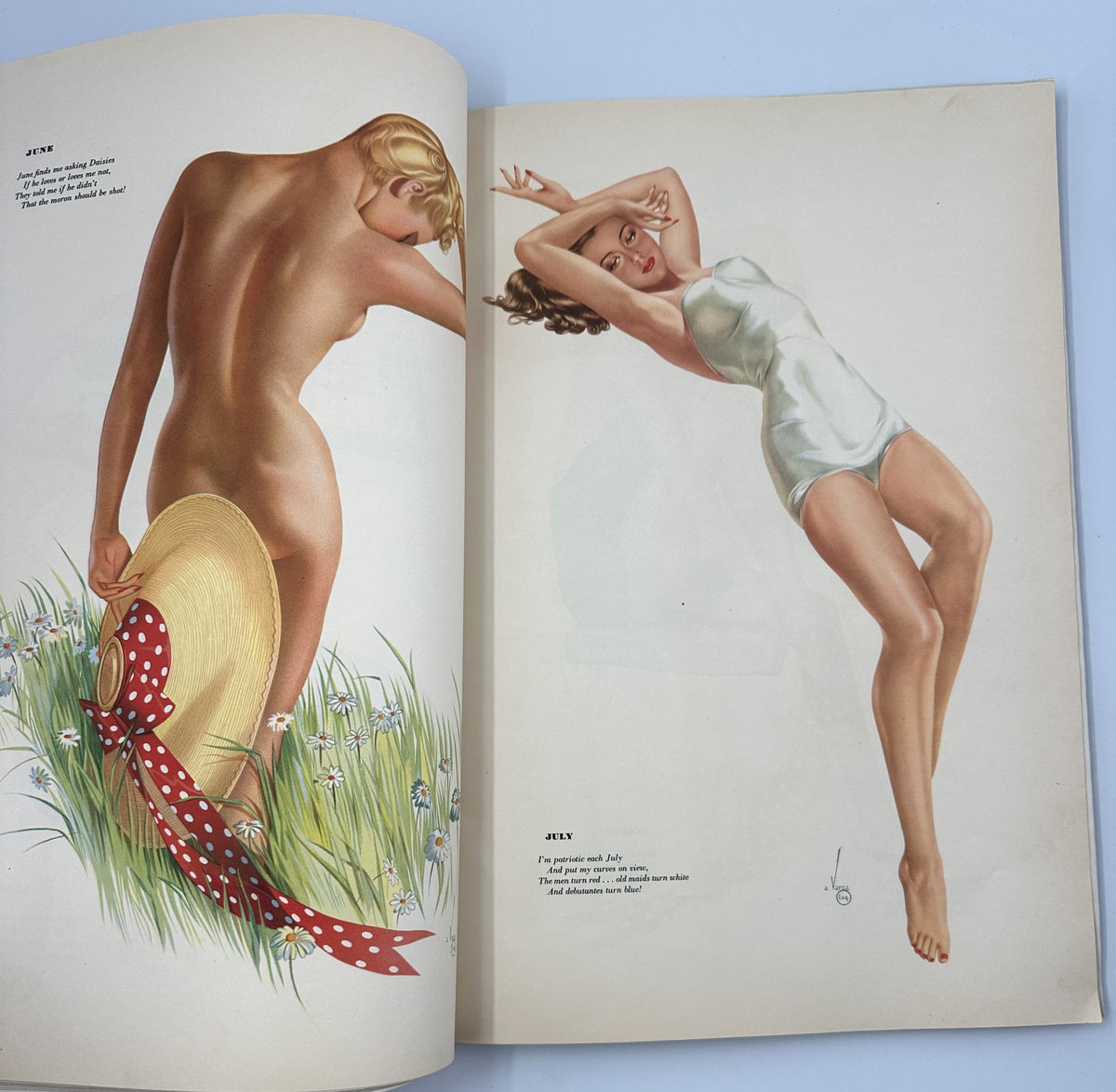 Esquire Magazine January 1942 Varga Esky Galatea Mickey Mouse Cover w Pinup; Two glamorous pinup illustrations featuring models in playful poses, showcasing 1940s art style.
