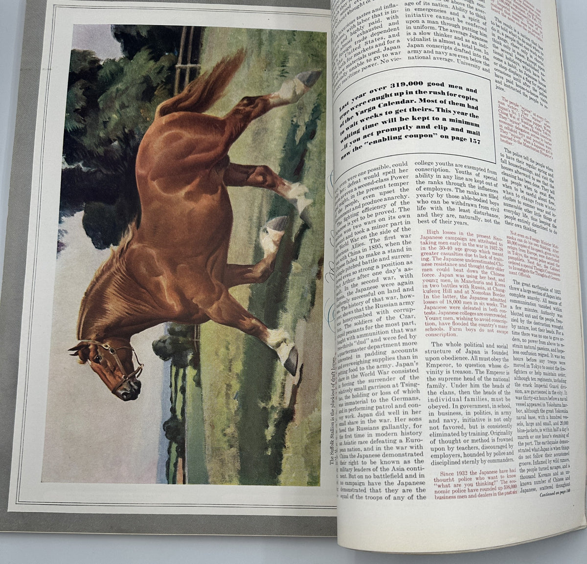 Esquire Magazine January 1942 Varga Esky Galatea Mickey Mouse Cover w Pinup; A striking illustration of a majestic horse in a pastoral setting, featured in the January 1942 issue.