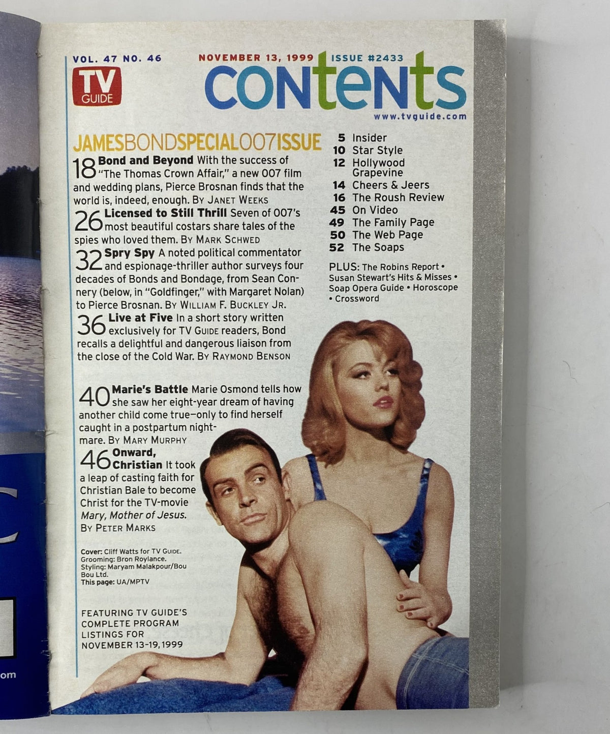 TV Guide Magazine Table of Contents from November 13, 1999, highlighting articles such as 'Bond and Beyond' and 'Marie’s Battle' along with detailed program listings for the week.