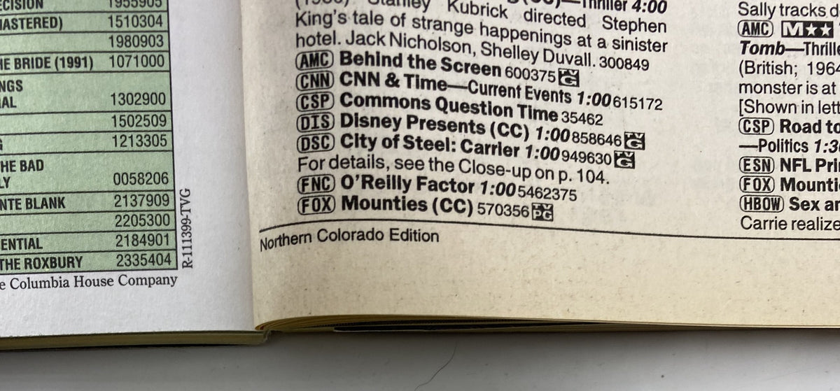 Close-up of a TV Guide magazine page displaying program listings for November 13, 1999, featuring details from shows such as 'CNN & Time', 'Disney Presents...', and 'O'Reilly Factor'. Title: TV Guide Magazine November 13, 1999 James Bond Pierce Brosnan CO Ed. VG.