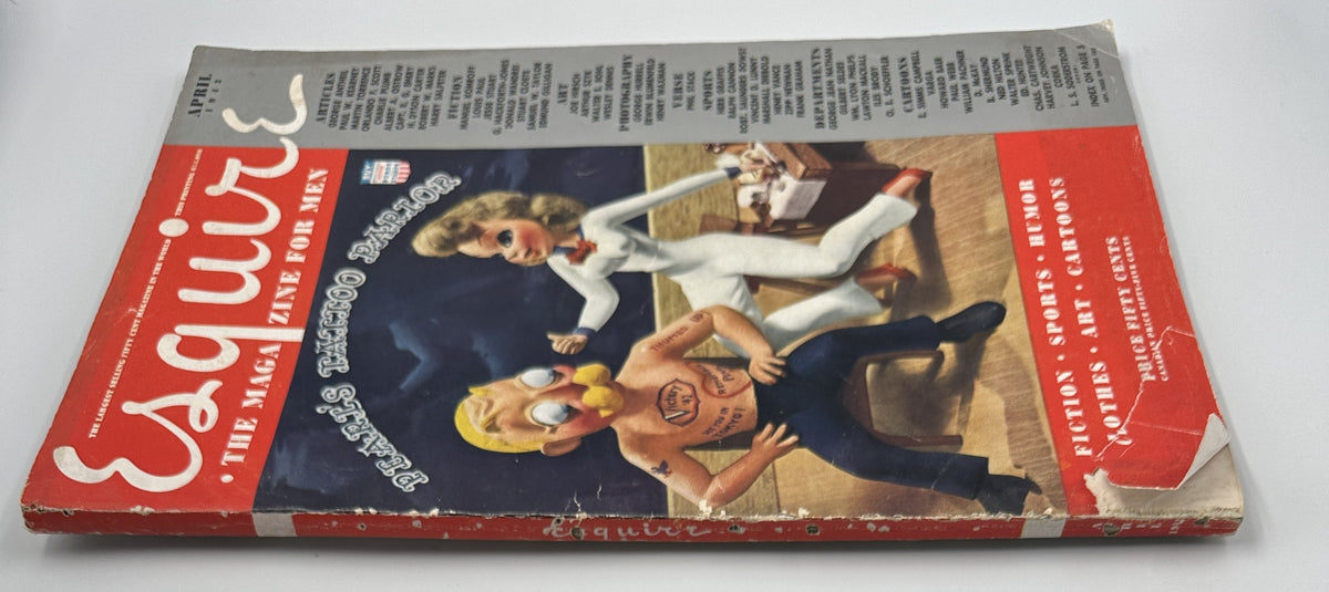 Esquire Magazine April 1942 displaying the cover with a close-up view of the Pearl's Tattoo Parlor art, highlighting the vibrant red and engaging characters in a playful setting.