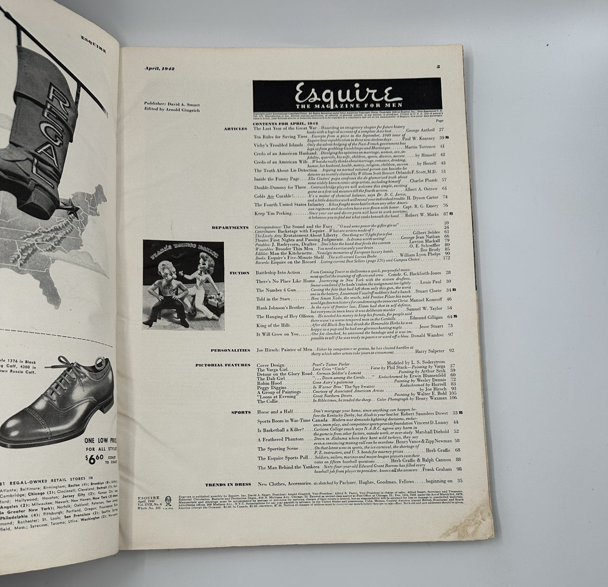 Esquire Magazine April 1942 page featuring contents and article listings, showcasing the magazine's editorial focus.