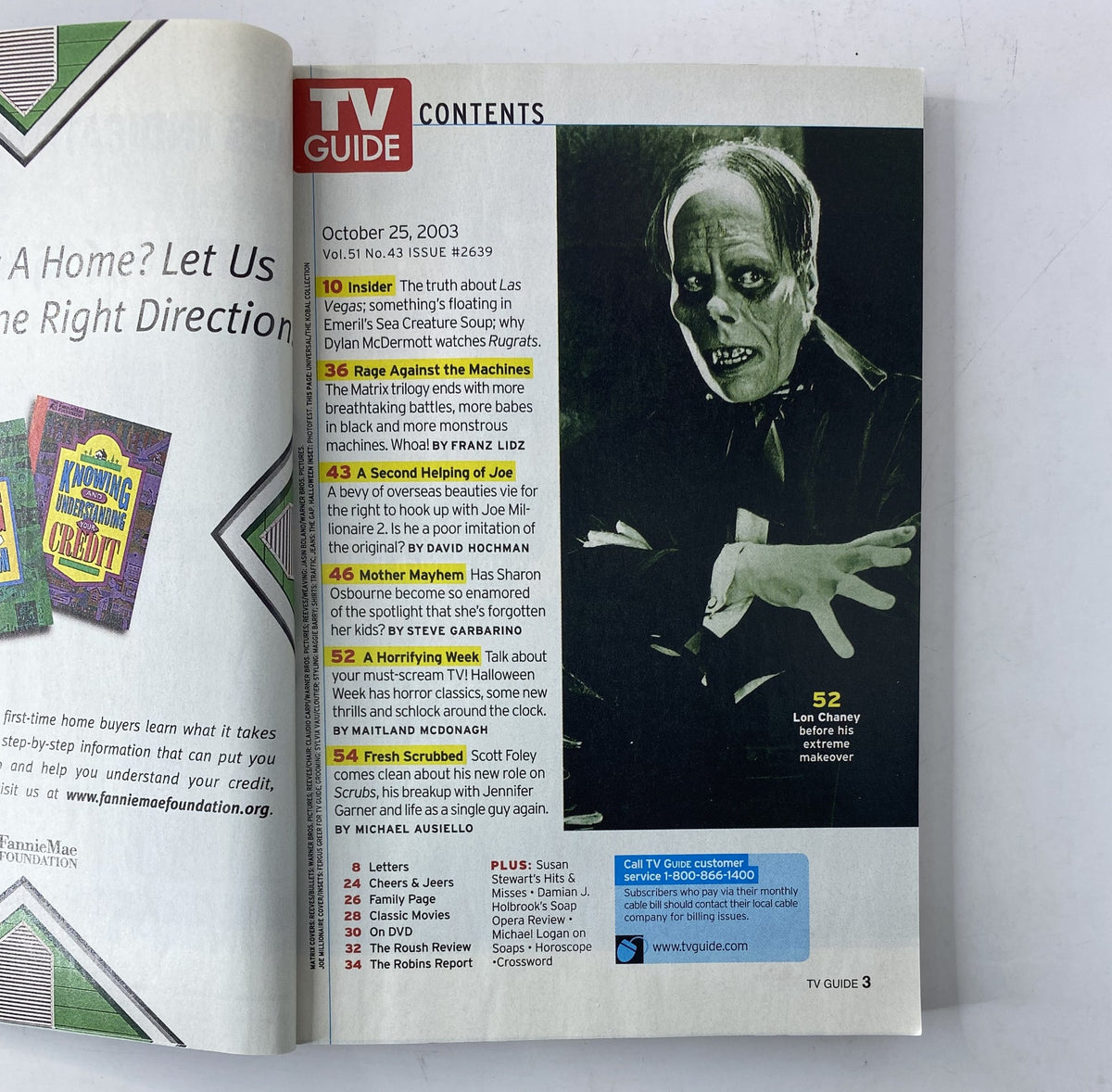 Contents page from TV Guide Magazine dated October 25, 2003, detailing features including 'Rage Against the Machines', 'Mother Mayhem', and 'A Second Helping of Joe'.