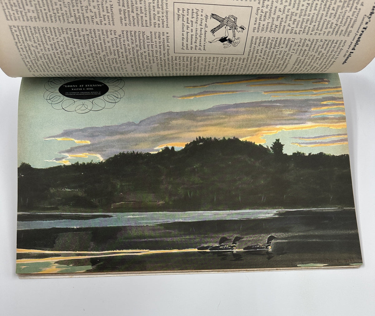Esquire Magazine April 1942 featuring a colorful landscape illustration with trees and a river, showcasing a serene sunset scene. This historic issue includes artworks by notable artists like Varga and highlights pin-up art.