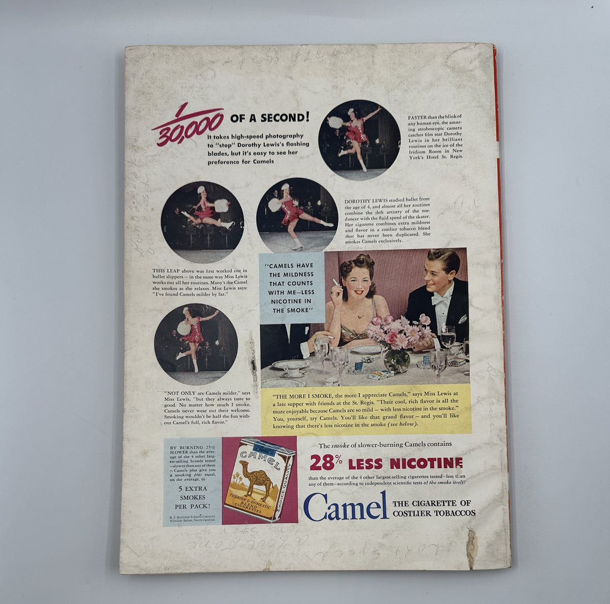 Back cover of Esquire Magazine April 1942 displaying an advertisement for Camel cigarettes featuring vibrant images of a couple enjoying a dinner party and models from a vintage photo shoot. This issue includes pin-up art and notable illustrations.