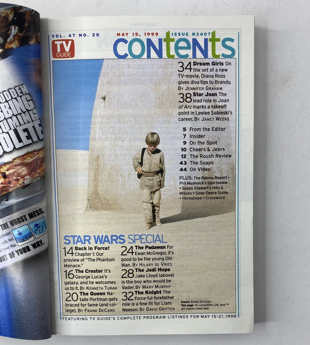 Table of contents from TV Guide Magazine May 15, 1999, detailing the Star Wars special and various articles, including preview of The Phantom Menace.