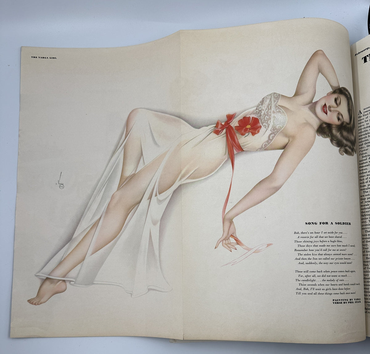 Illustration from Esquire Magazine February 1943 featuring a Varga Girl artwork titled 'Song for a Soldier', showcasing a glamorous pinup model in elegant lingerie.