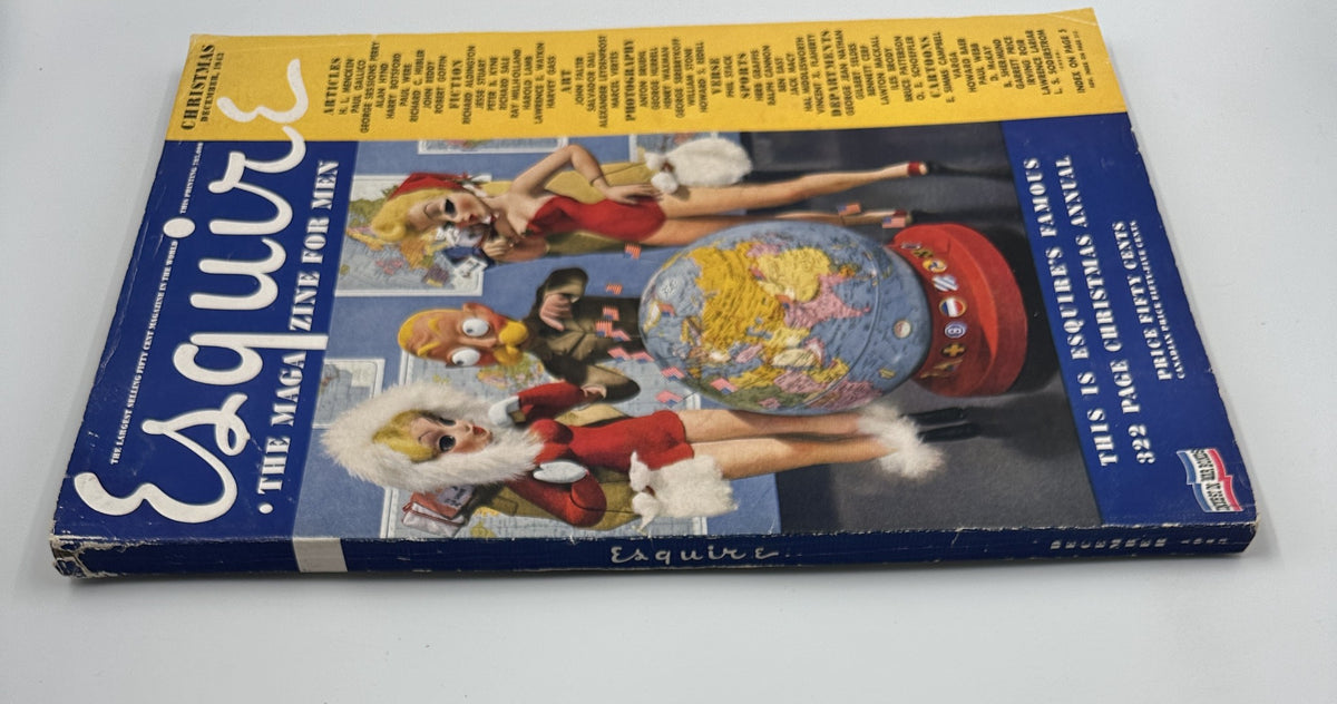 Back cover of Esquire Magazine December 1943 Christmas Issue, highlighting iconic illustrations with festive elements and pinup art, part of the special holiday edition.