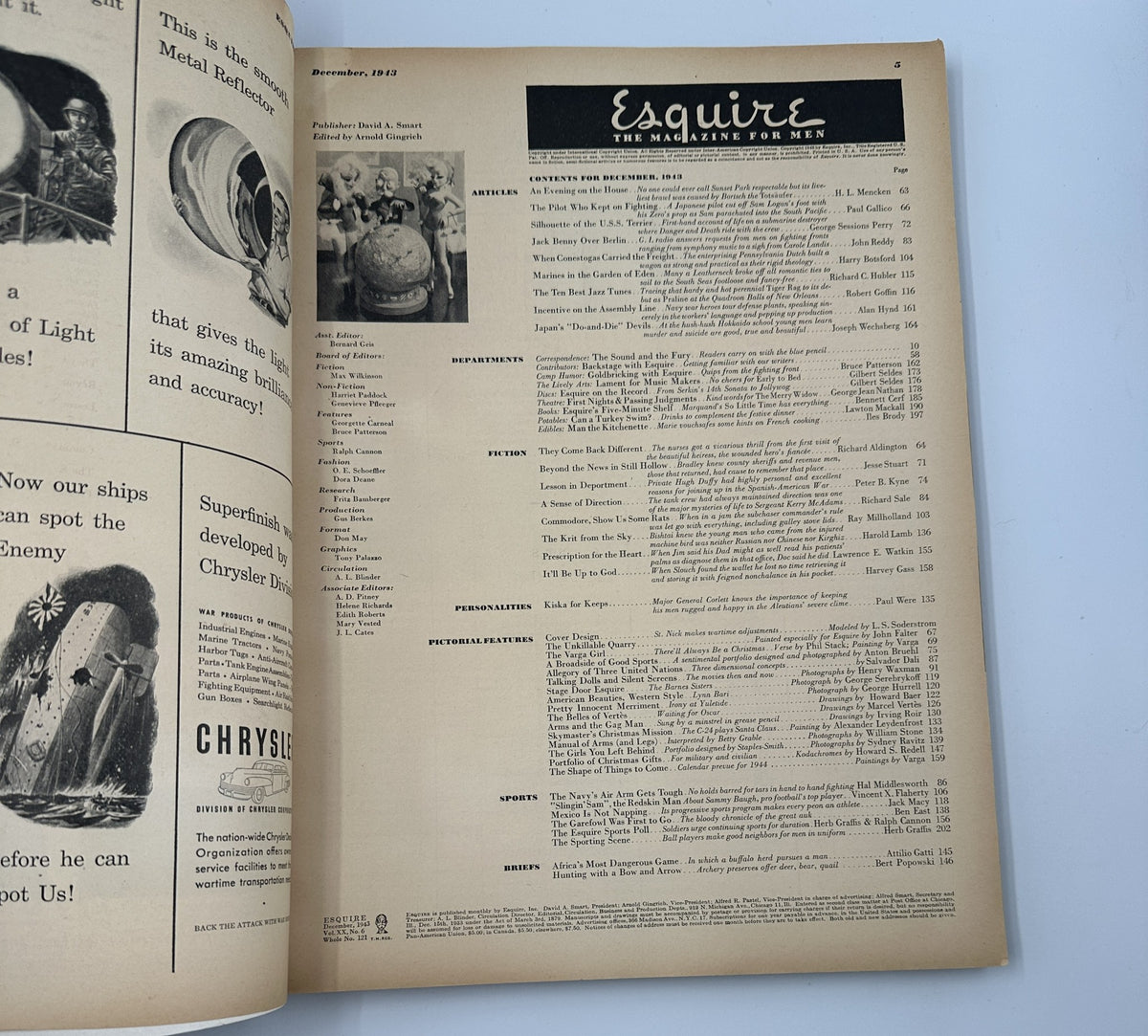Esquire Magazine December 1943, interior page showcasing the table of contents, highlighting articles and features including 'They Come Back Different' and 'Japan’s “Do-and-Die” Devils.'