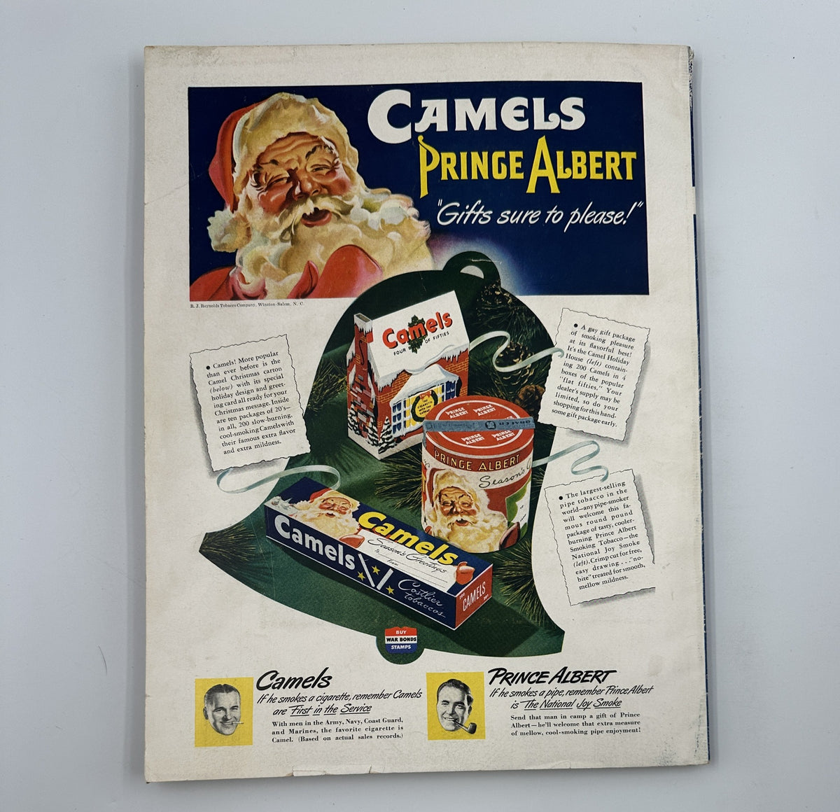 Camels and Prince Albert advertisement featuring Santa Claus from Esquire Magazine's December 1943 Christmas Issue, showcasing holiday gift ideas.