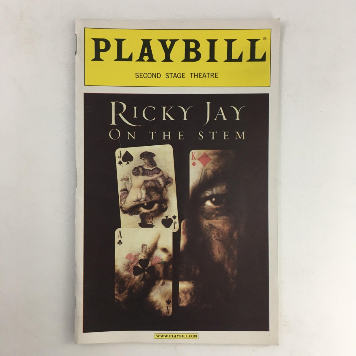 2002 Playbill for Ricky Jay On The Stem by David Mamet at Second Stage Theatre featuring a dramatic cover design with playing cards and the title prominently displayed.