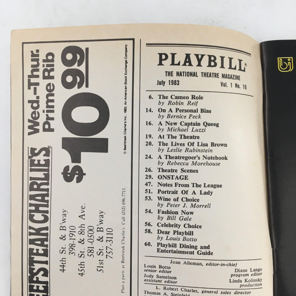 Inside page of the 1983 Playbill for Passion, showcasing advertisements and listings at Longacre Theatre.