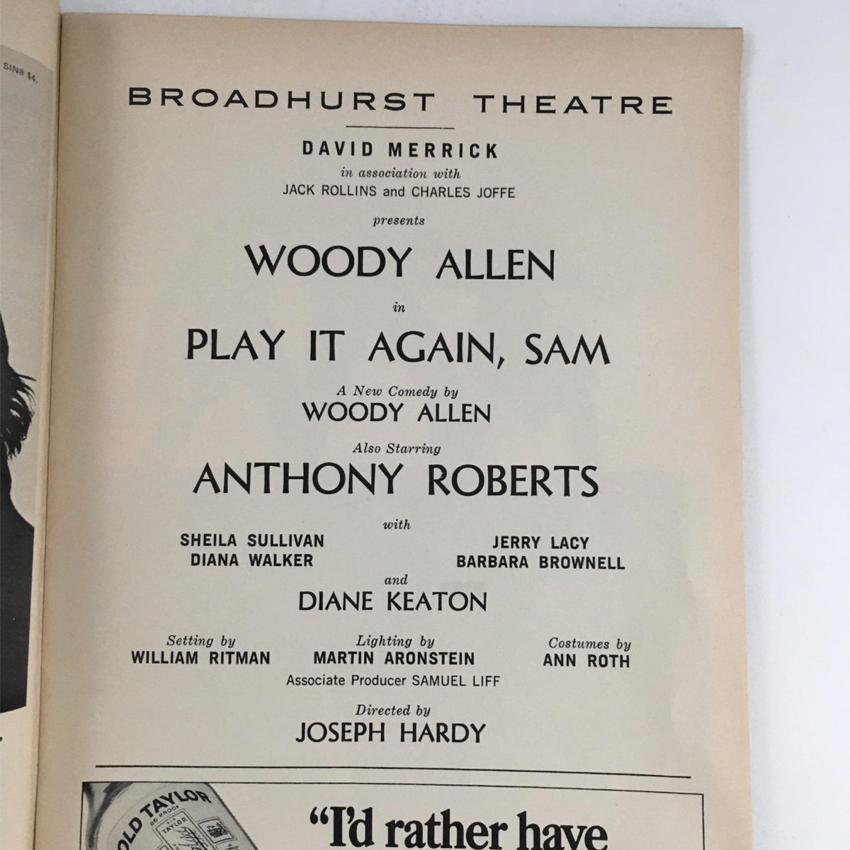 Page of the 1969 Playbill for 'Play It Again, Sam' showing the cast including Woody Allen, Anthony Roberts, and Diane Keaton, along with director Joseph Hardy.
