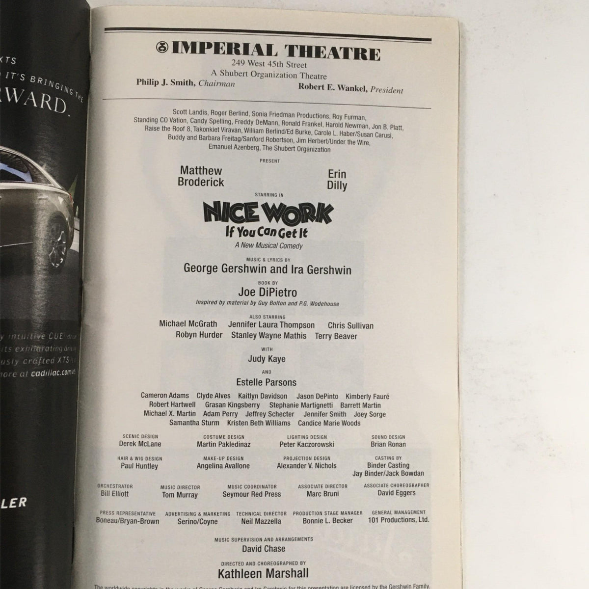 Cast and crew page from the 2012 Playbill Nice Work If You Can Get It by Joe DiPietro, listing notable performers and production team at the Imperial Theatre.