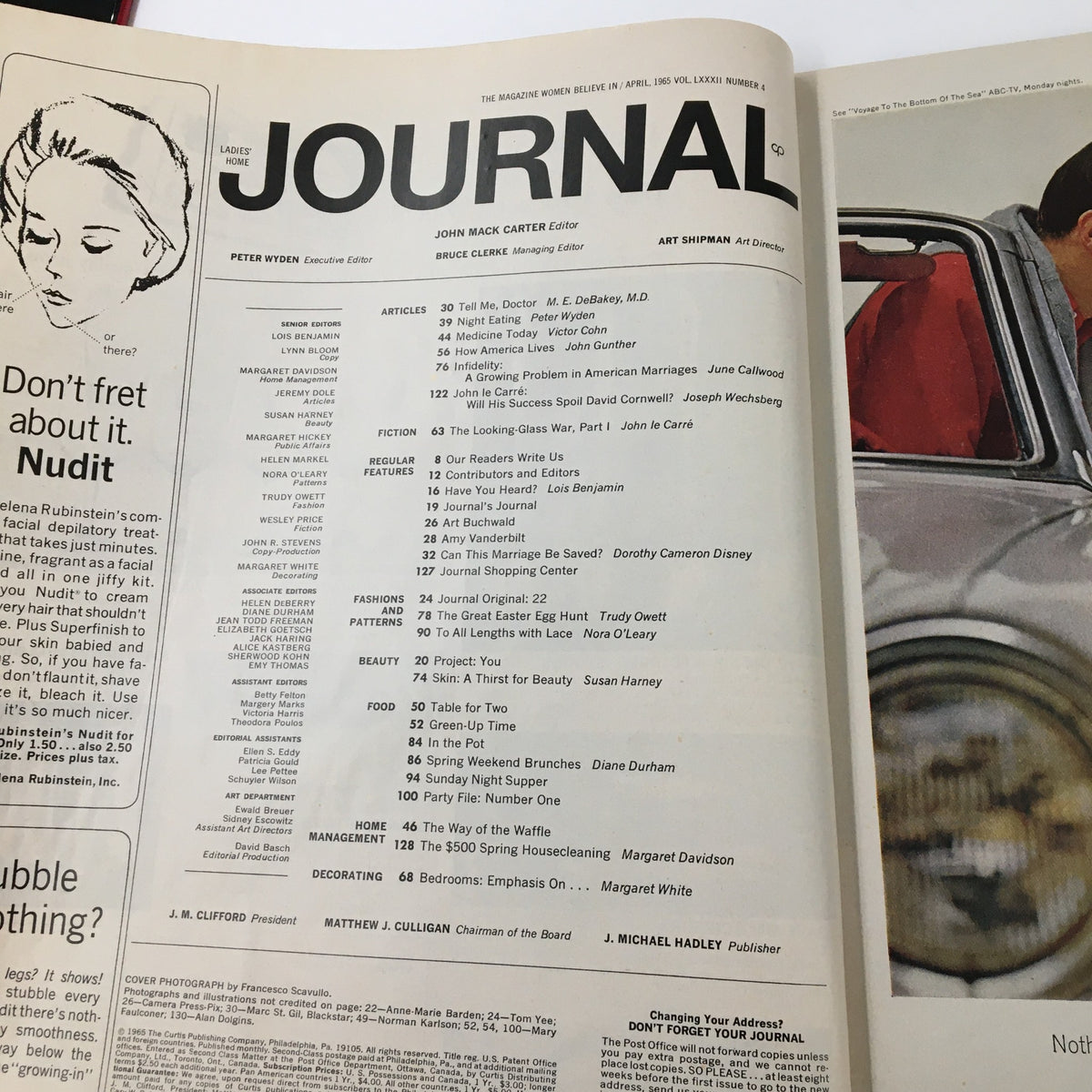 Table of contents page from Ladies' Home Journal Magazine April 1965 featuring articles and stories, with a retro aesthetic reflecting the magazine's historical context.