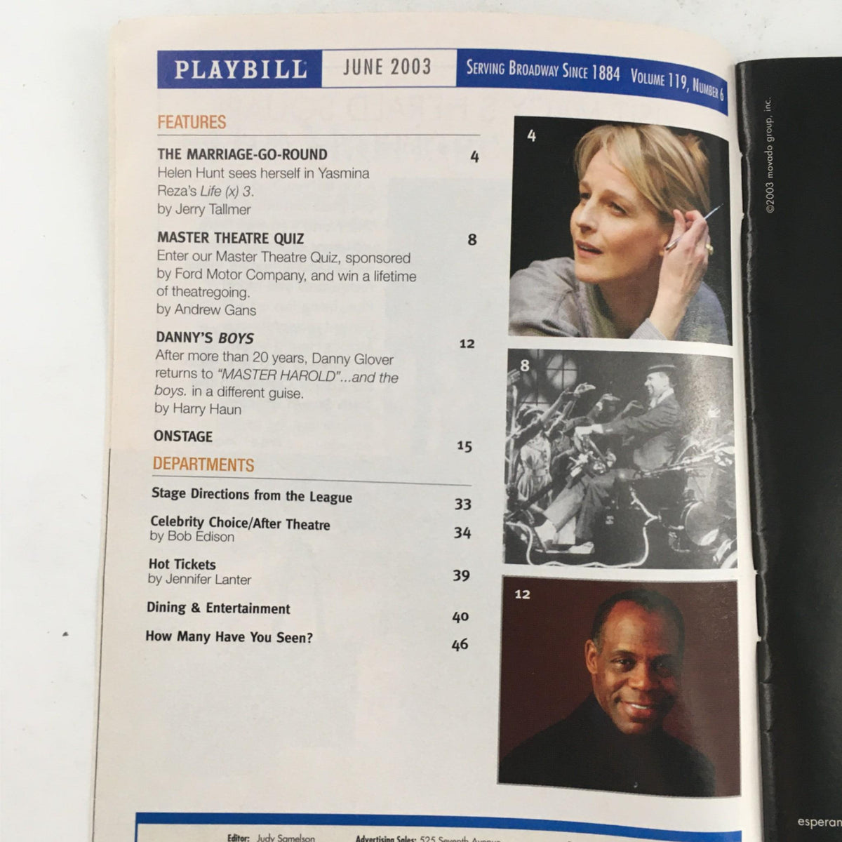 Inside page of the June 2003 Playbill featuring the contents and highlights, including listings related to 'The Notebooks of Leonardo Da Vinci' by Mary Zimmerman.