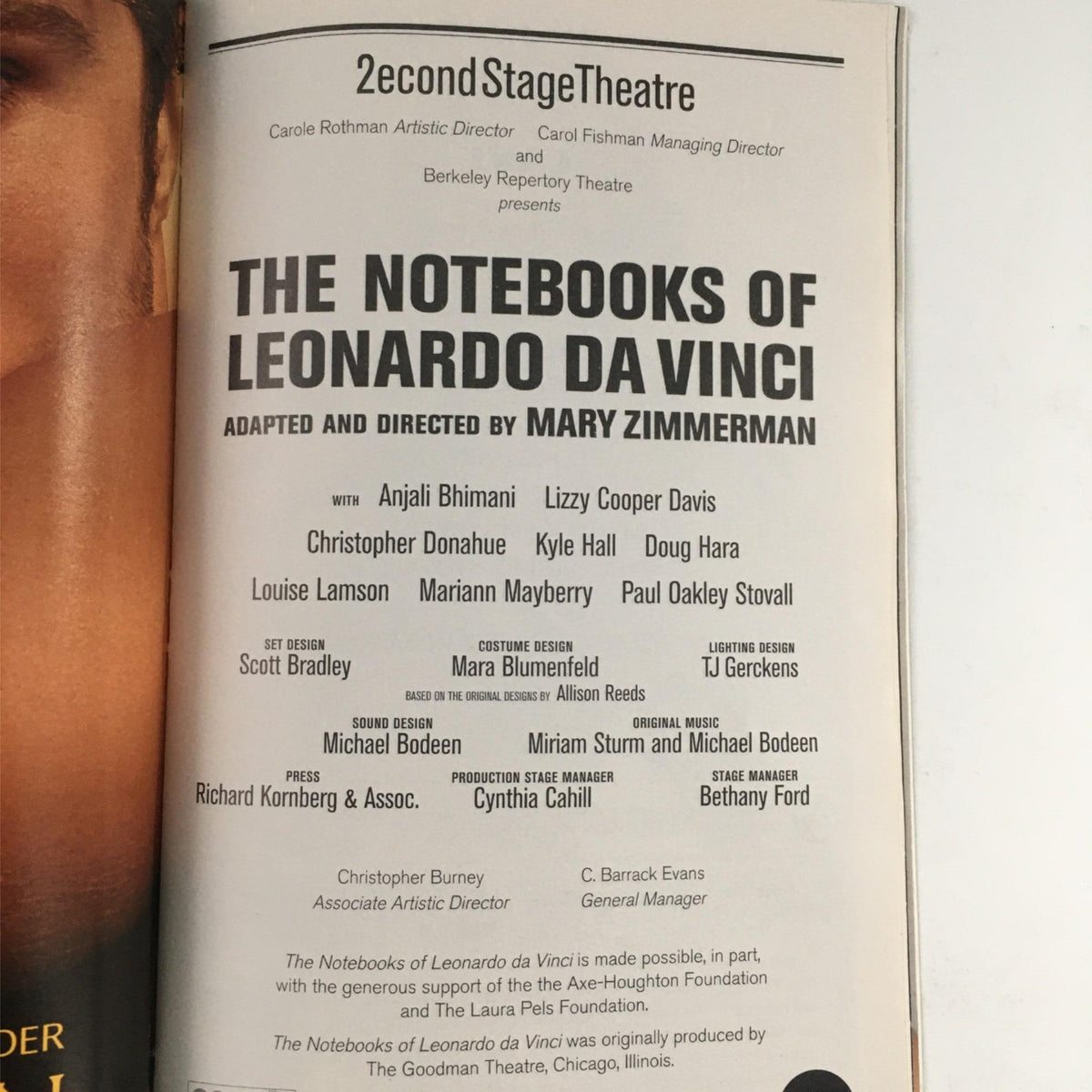 Another inside page of the 2003 Playbill for 'The Notebooks of Leonardo Da Vinci' by Mary Zimmerman, displaying cast and crew information along with production credits.