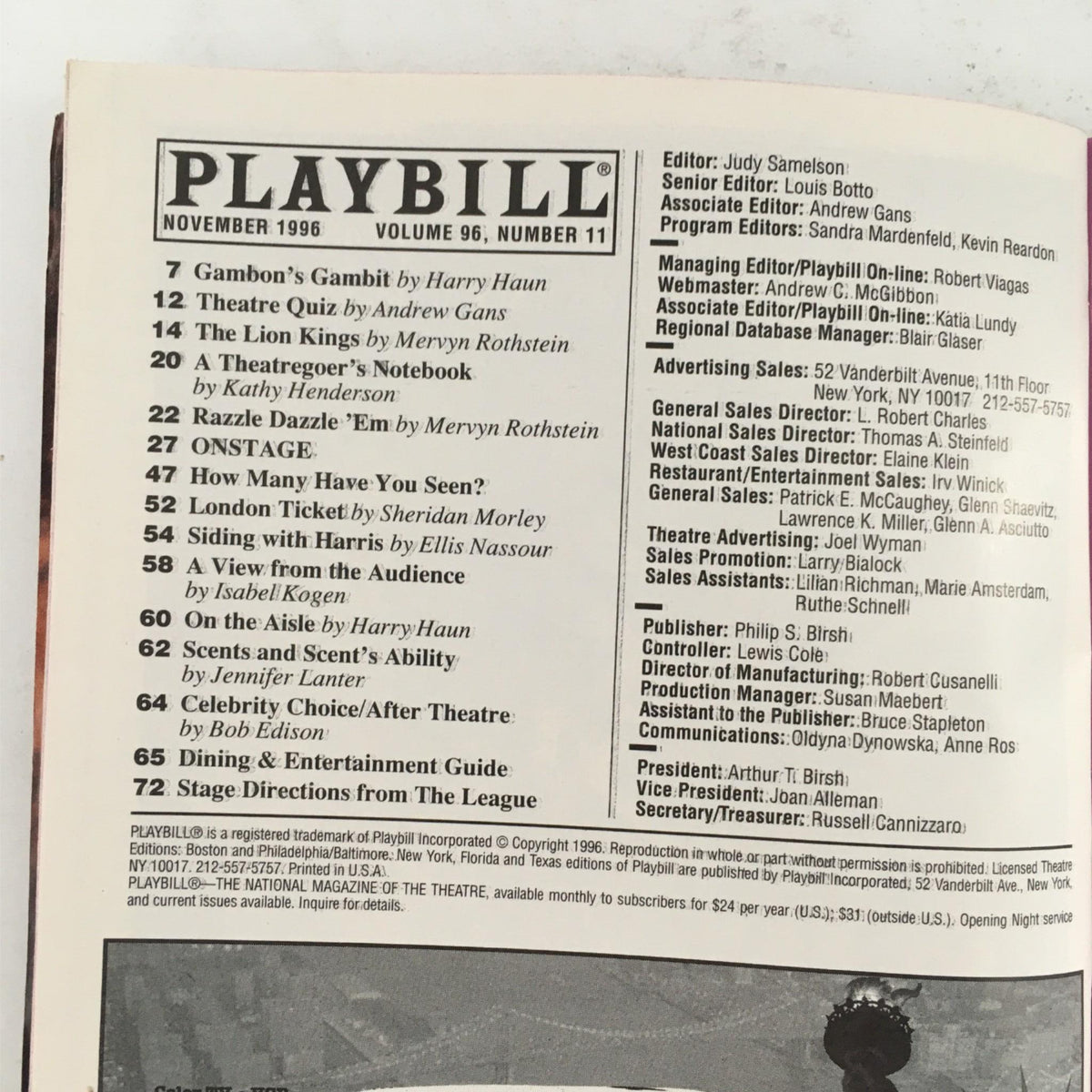 Interior page of the November 1996 Playbill for 'Taking Sides,' detailing the production and additional contributing articles.