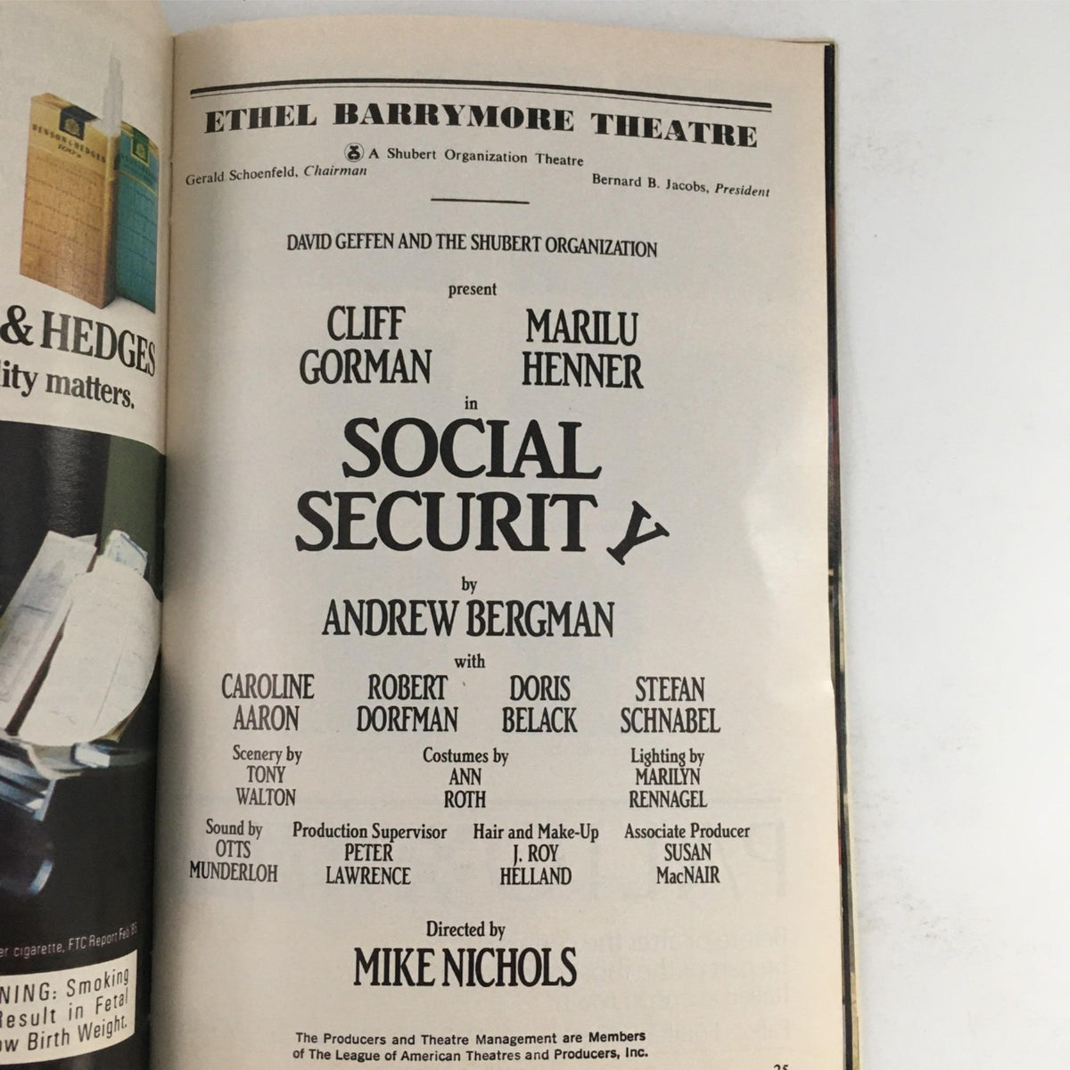 Program details page from the 1987 Playbill for 'Social Security', listing the cast, production team, and photographer credits, showcasing the play's connection to the Ethel Barrymore Theatre.