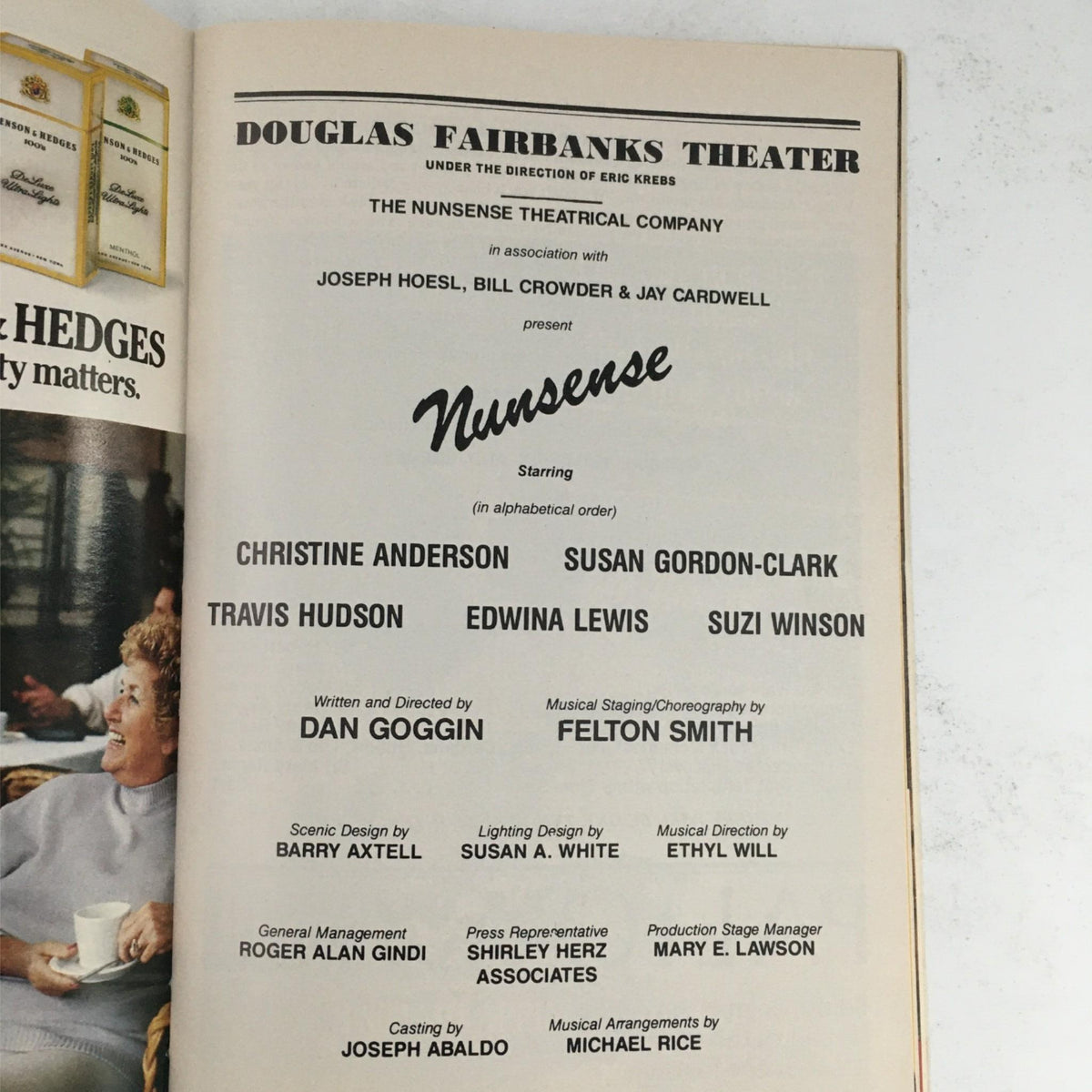 Another inside page of the Playbill featuring the cast list for Nunsense, listing performers Christine Anderson and Susan Gordon-Clark.