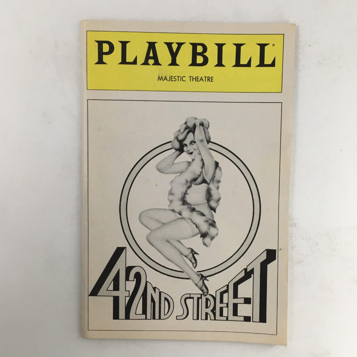 Vintage 1982 Playbill for '42nd Street' at Majestic Theatre, showcasing a stylish actress in a fur coat on the cover, produced by David Merrick and directed by Gower Champion.