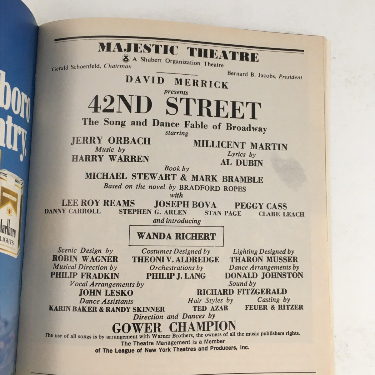 1982 Playbill for 42nd Street at Majestic Theatre, produced by David Merrick and directed by Gower Champion, featuring cast and crew listings.