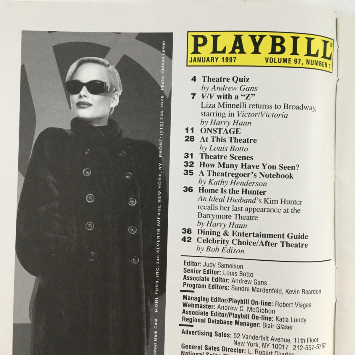 Inside page of the 1997 Playbill Victor/Victoria, January 1997 issue, featuring details about the show and Liza Minnelli's appearance.