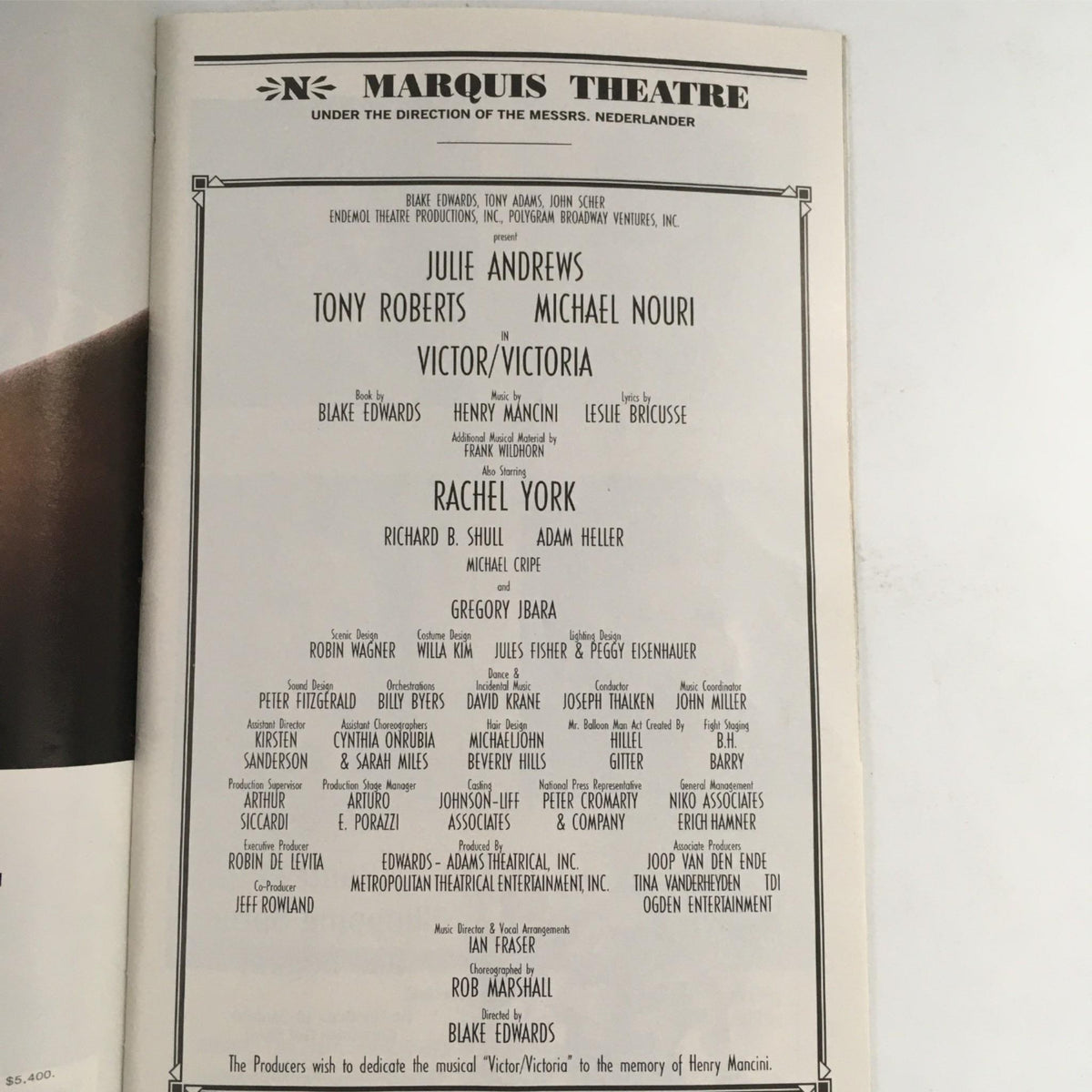 Another inside page of the 1997 Playbill Victor/Victoria listing the cast and creative team, showcasing the production details and credits at Marquis Theatre.