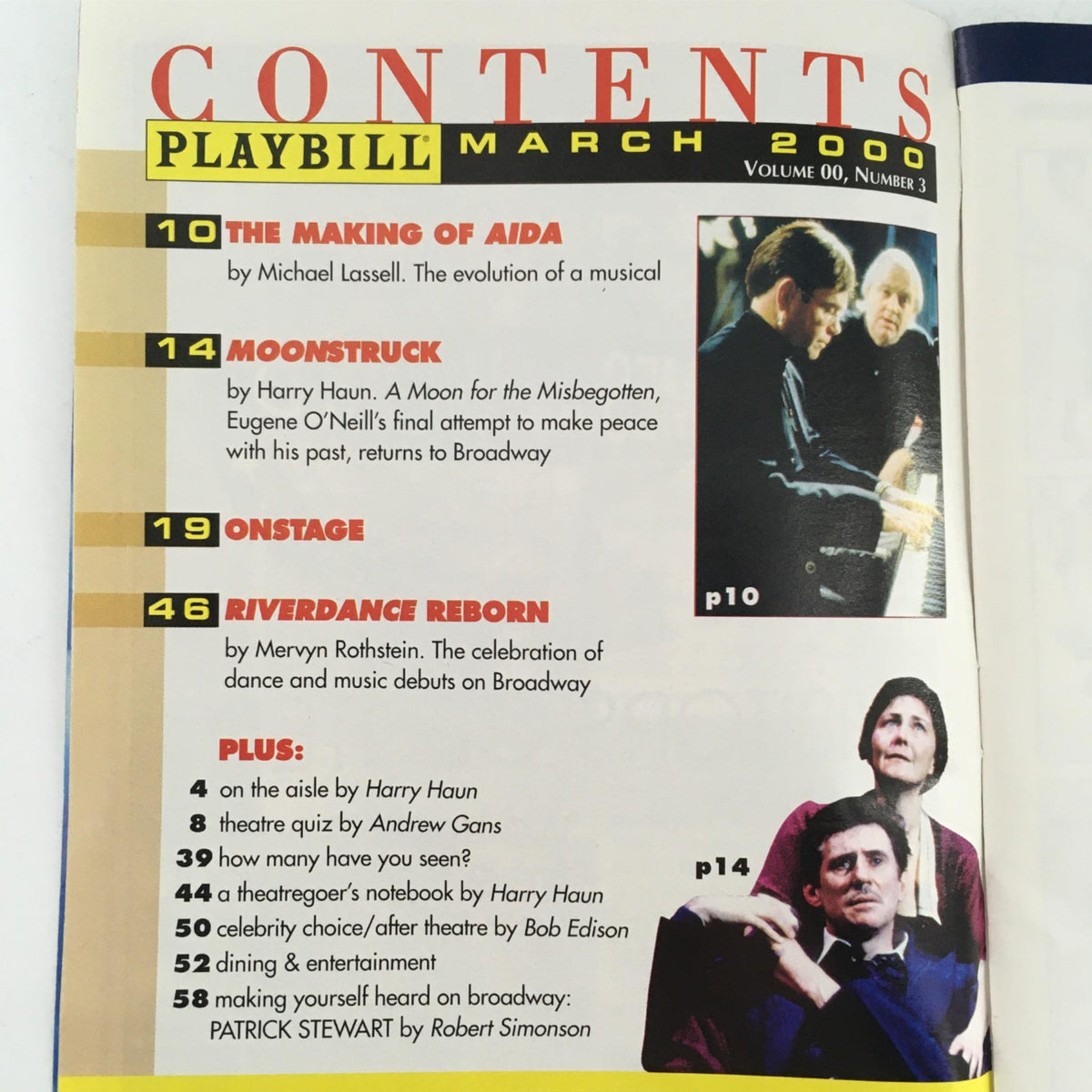 Contents page of the March 2000 Playbill showing articles and features related to Broadway, including The Waverly Gallery.