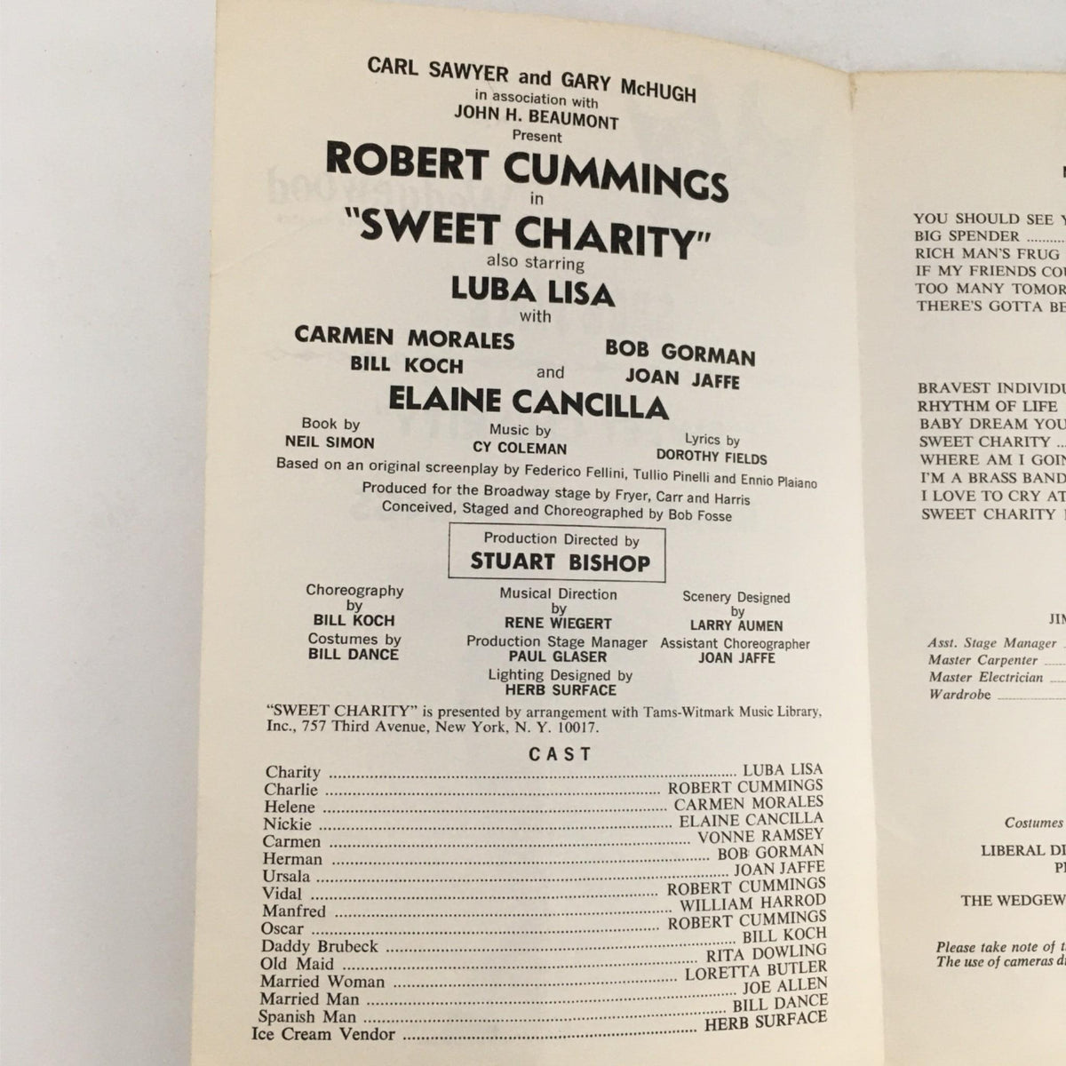 1969 Showtime Sweet Charity production program featuring Robert Cummings, staged at The Wedgewood Dinner Theatre, showcasing cast details and musical direction.