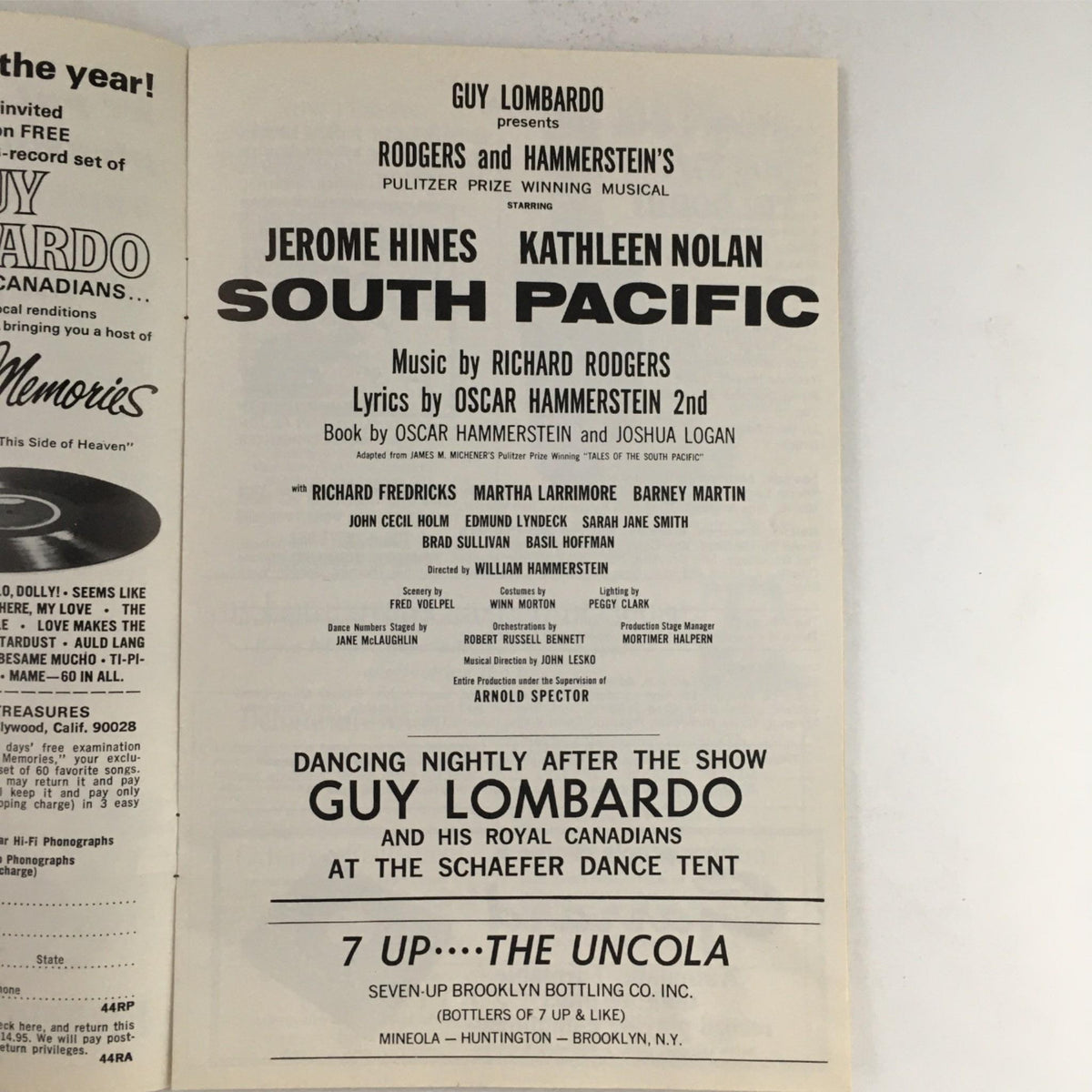 Interior page of the 1969 Jones Beach Playgram for South Pacific, highlighting details of the production including cast members Jerome Hines and Kathleen Nolan, along with musical contributions by Guy Lombardo.