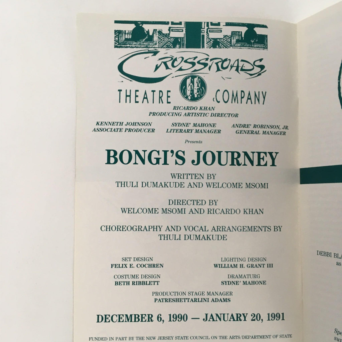 Inside page of the 1990-1991 Bongi's Journey program, detailing the creative team including Welcome Msomi and Thuli Dumakude, with performance dates from December 6, 1990 to January 20, 1991.