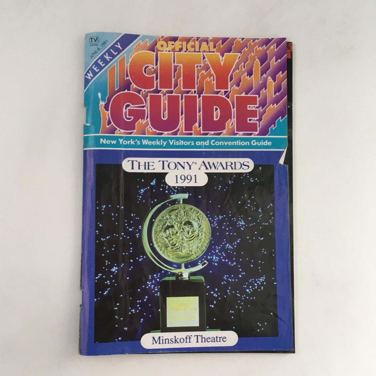 1990-1991 Bongi's Journey by Welcome Msomi, Ricardo Khan, Crossroads Theatre featured on the cover of the Official City Guide, highlighting the Tony Awards 1991 at Minskoff Theatre.
