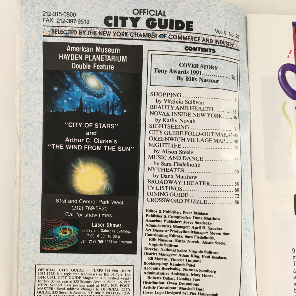 Interior page of the Official City Guide featuring details about the Tony Awards 1991 and various events, related to 1990-1991 Bongi's Journey by Welcome Msomi, Ricardo Khan, Crossroads Theatre.