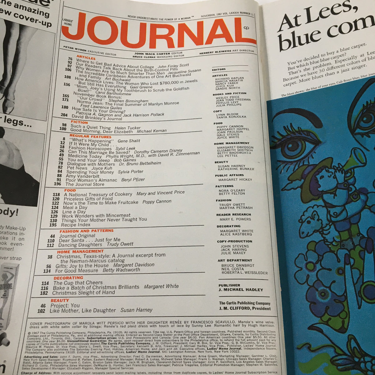 Interior page of the Ladies' Home Journal Magazine, November 1967 issue, displaying article listings and a colorful advertisement, providing insight into the content of the magazine.