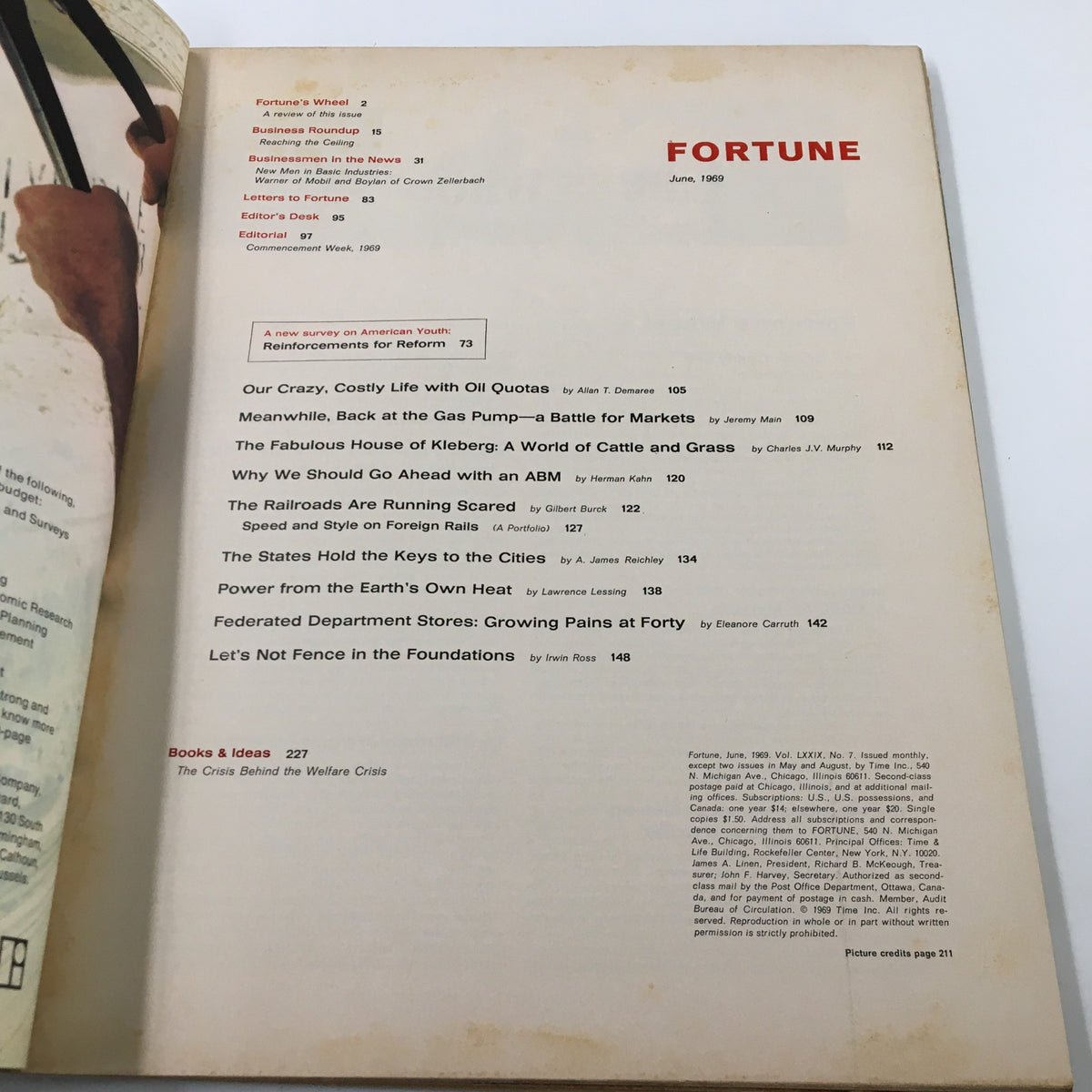 Interior page of VTG Fortune Magazine June 1969 displaying the table of contents, highlighting articles including The Fabulous House of Kleberg.