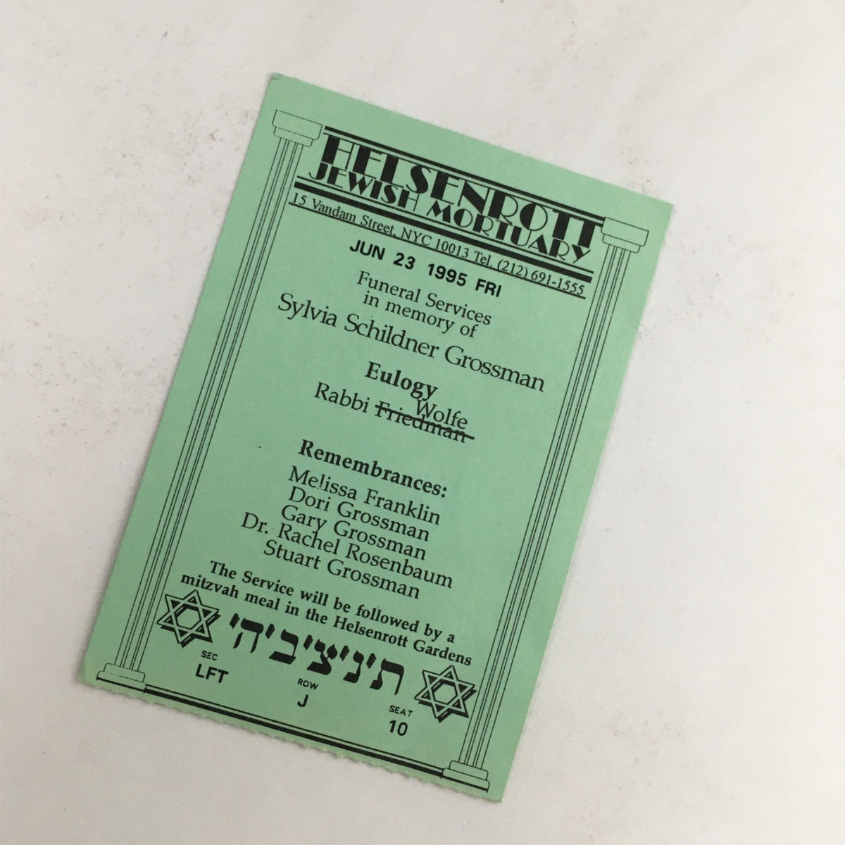 Green remembrance card for Sylvia Schindler Grossman from 1995 Grandma Sylvia's Funeral by Dana Matthow, Glenn Wein at SoHo Playhouse, featuring memorial details and names of speakers.