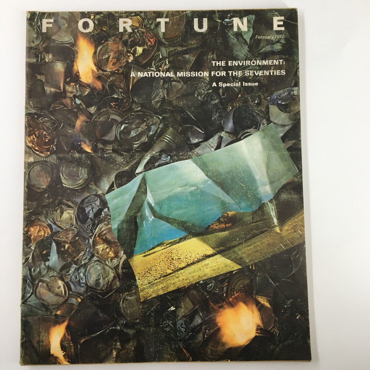 Cover of VTG Fortune Magazine February 1970 titled 'A National Mission For The Seventies' showcasing a unique artistic design featuring elements of the environment and business themes.