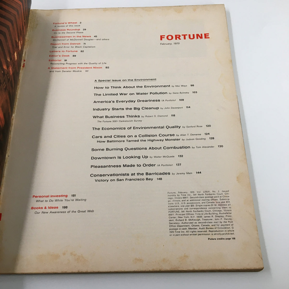 Table of contents page from VTG Fortune Magazine February 1970, outlining articles and sections related to environmental issues and business insights.